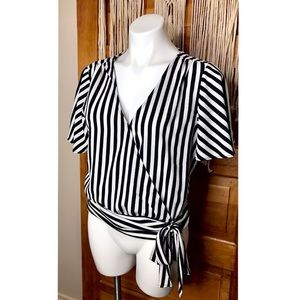 OLM Black & White Stripe Faux Wrap Tie Waist Top